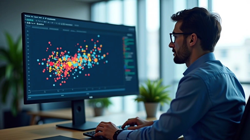 Data scientist analyzing K-means clustering results on workstation
